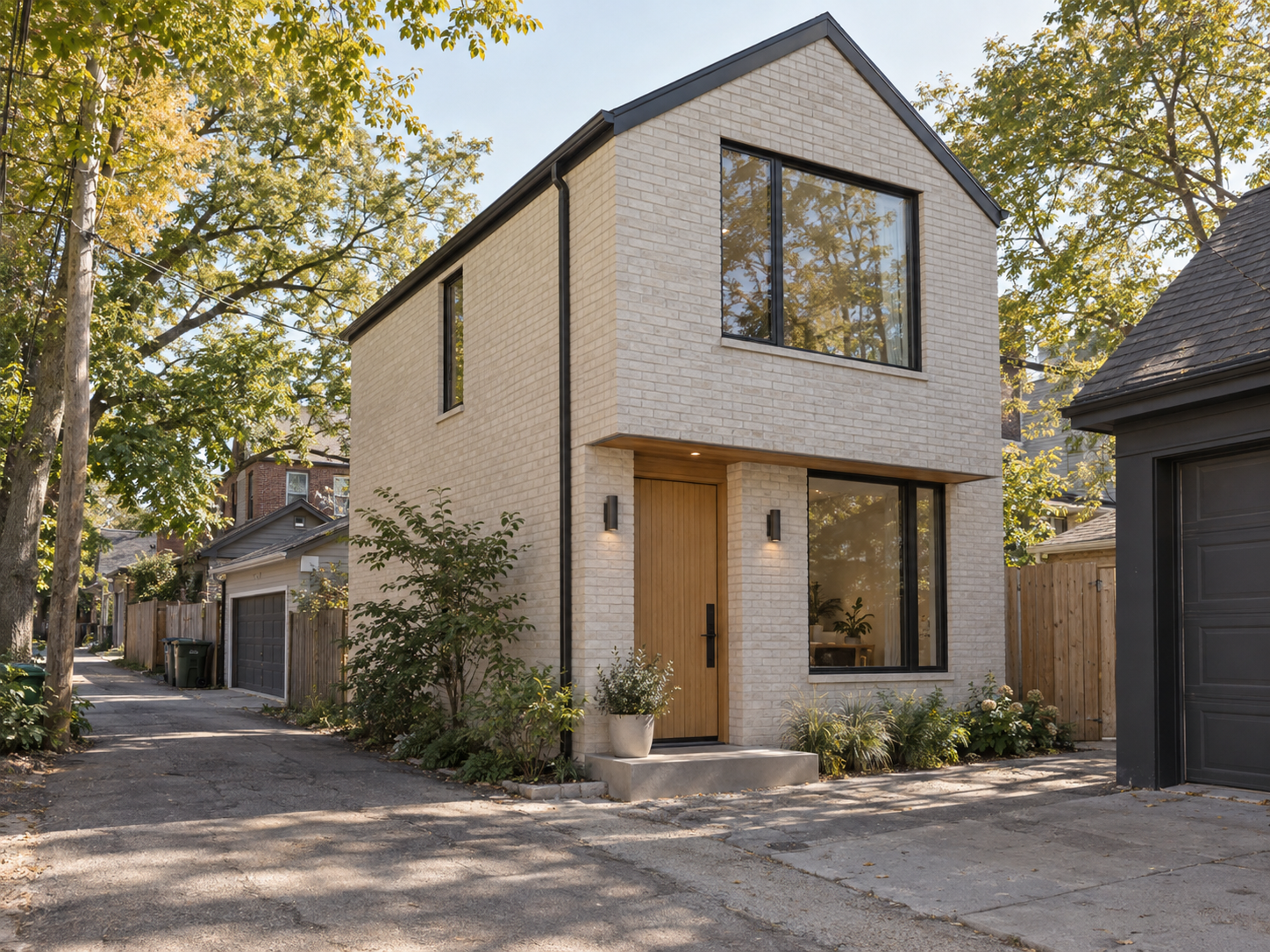 Warm white two-storey laneway house in a Toronto residential lane