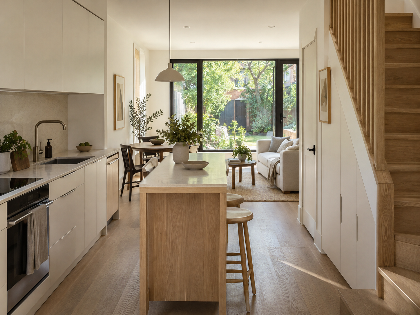 Bright compact laneway house interior with warm oak kitchen and garden view