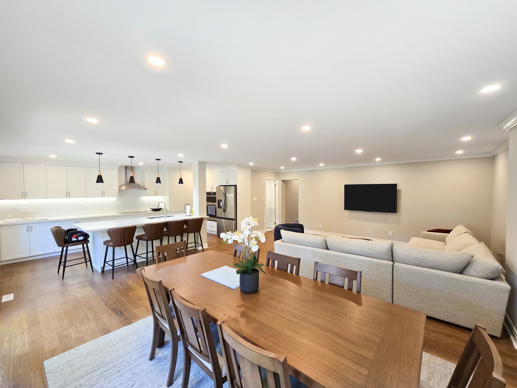 Completed kitchen and connected living space