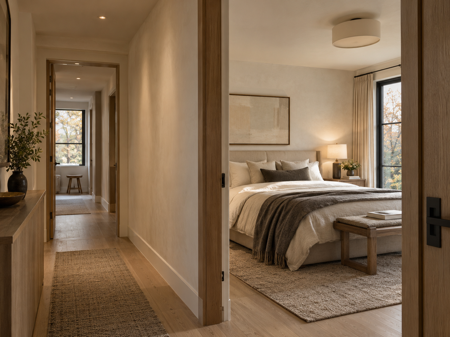 Warm primary bedroom seen from a softly lit hallway