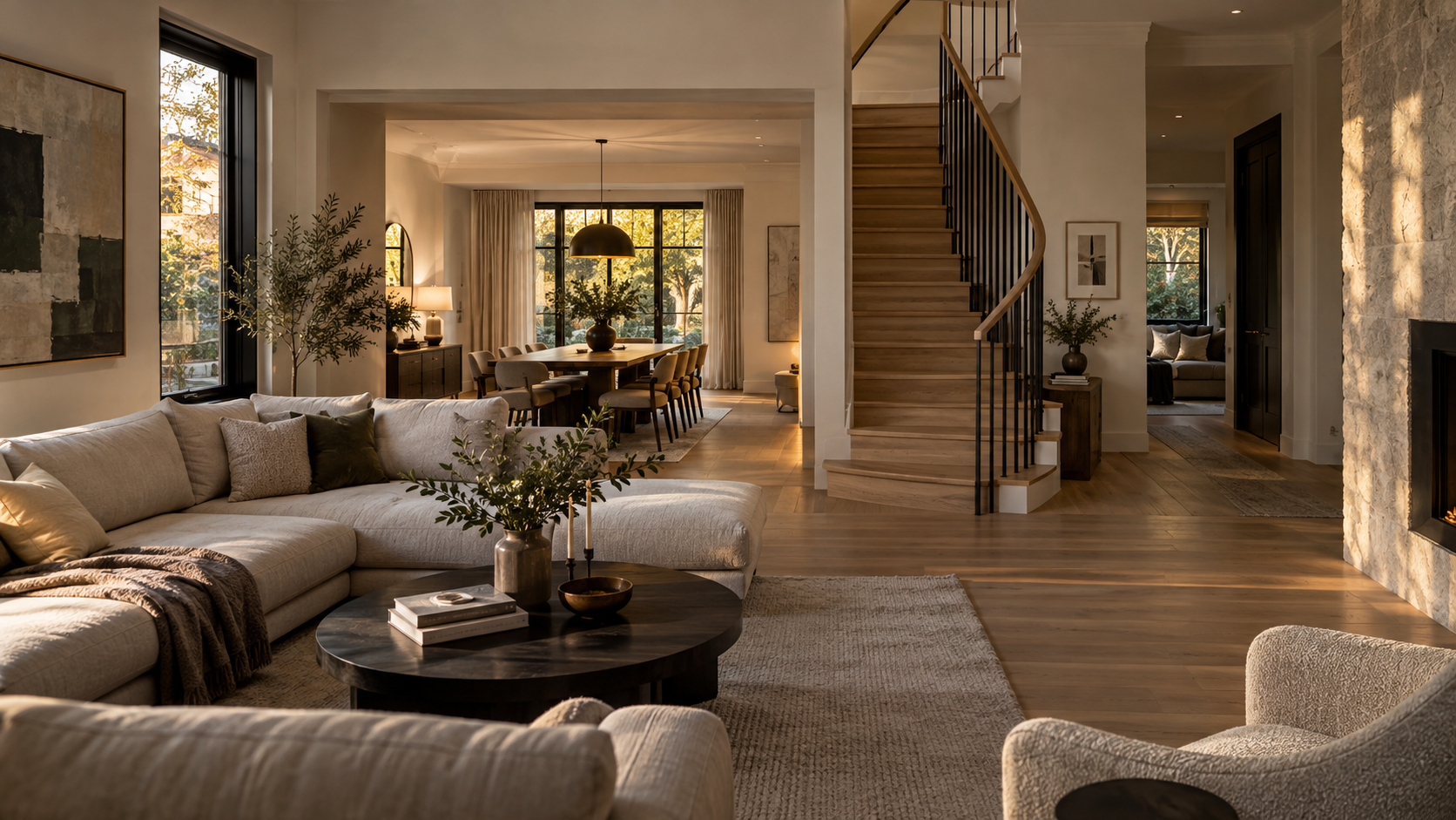 Warm living, dining and staircase spaces designed as one complete home